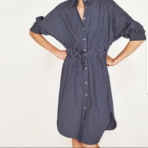 Zara Blue & White Striped Button Down Shirt Dress EUC SZ XS